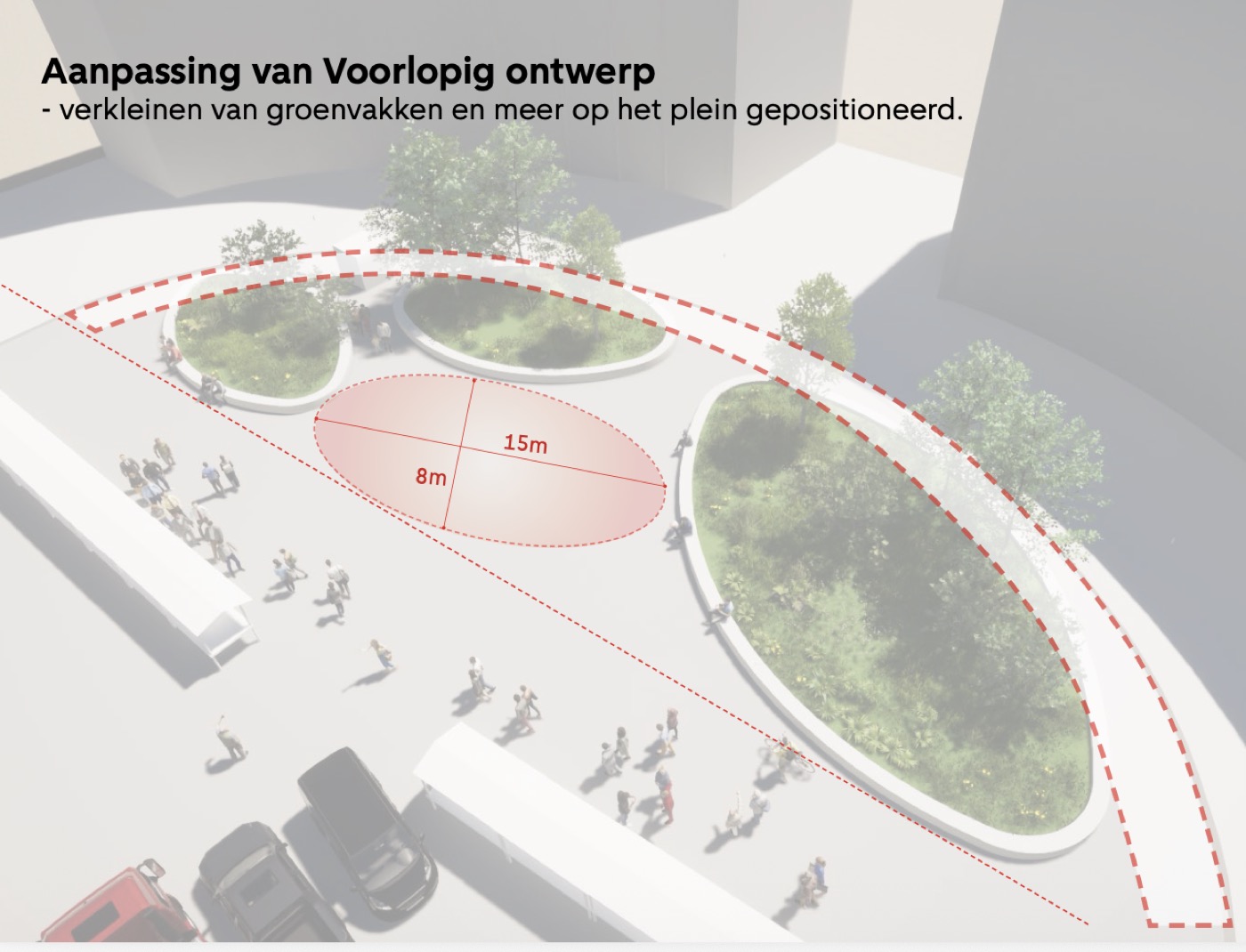 Plan van de gemeente met de aanpassing van het voorlopig ontwerp: kleinere groenvakken, meer op het plein gepositioneerd