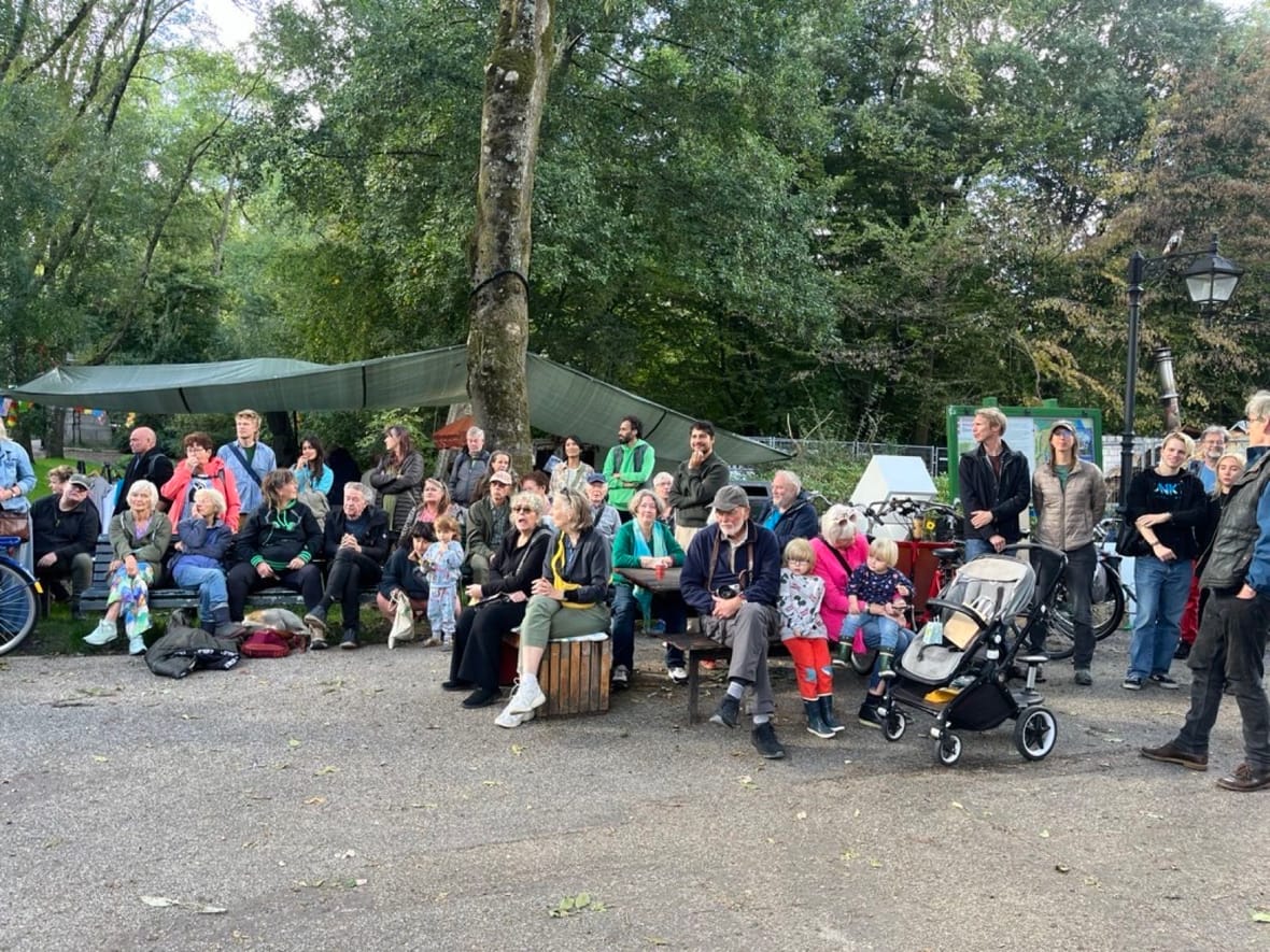 Bezoekers luisteren naar het optreden tijdens het buurtfeest in het Flevopark