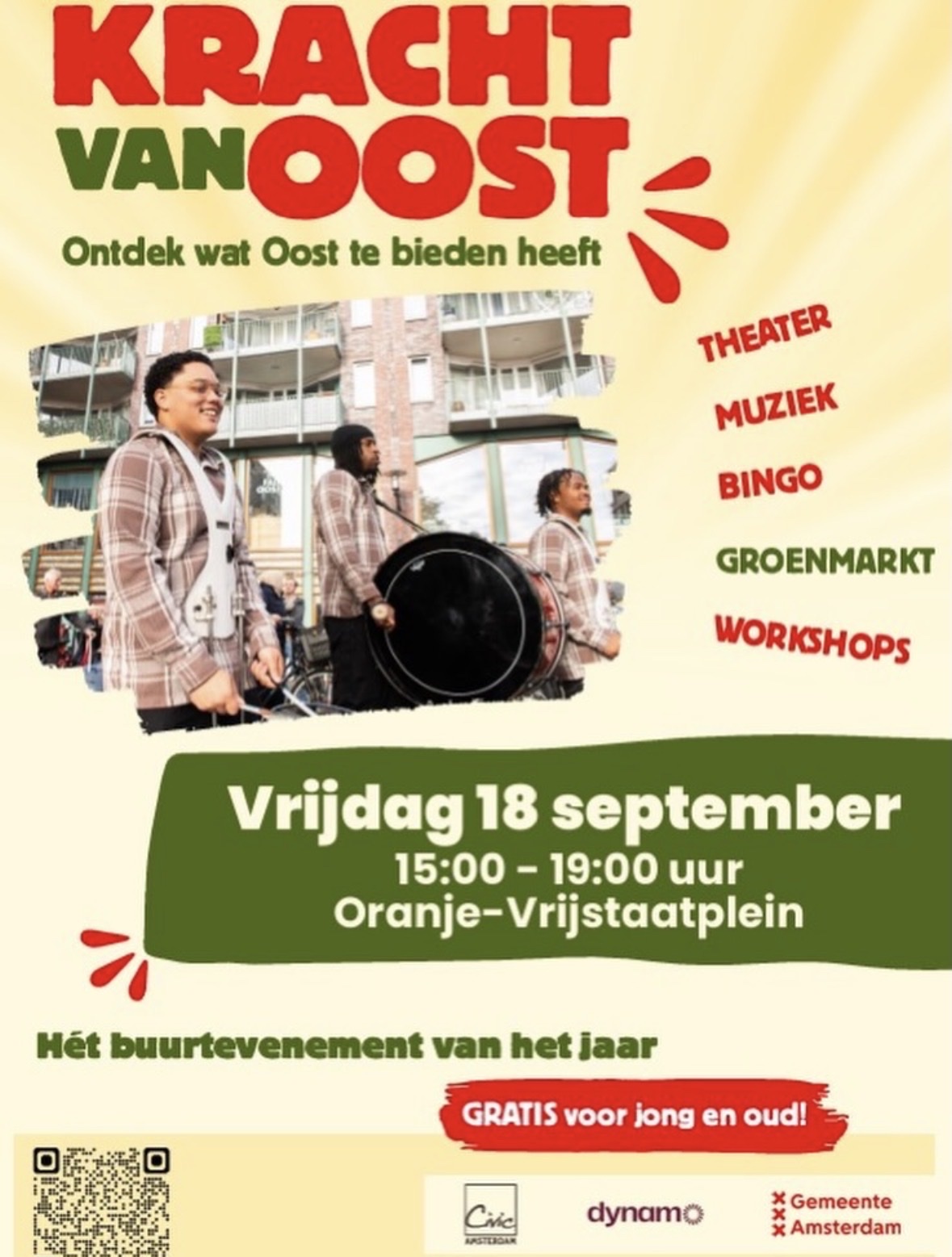 De poster van Kracht van Oost: vrijdag 18 september, 15.00 tot 19.00 uur, Oranje-Vrijstaatplein