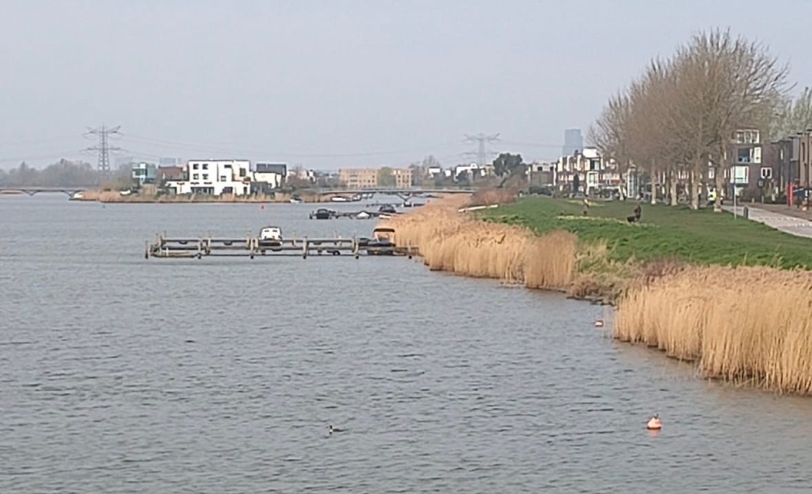 Zicht op het water bij de Nico Jessekade met de skyline van IJburg op de achtergrond