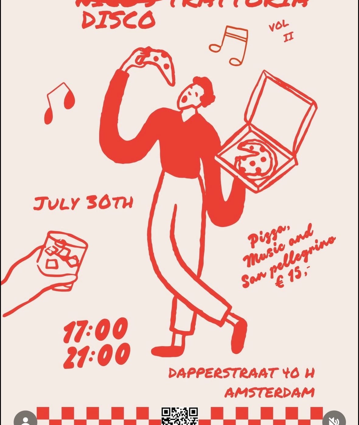 De flyer van Trattoria Disco vol. II: pizza, muziek en San Pellegrino voor 15 euro