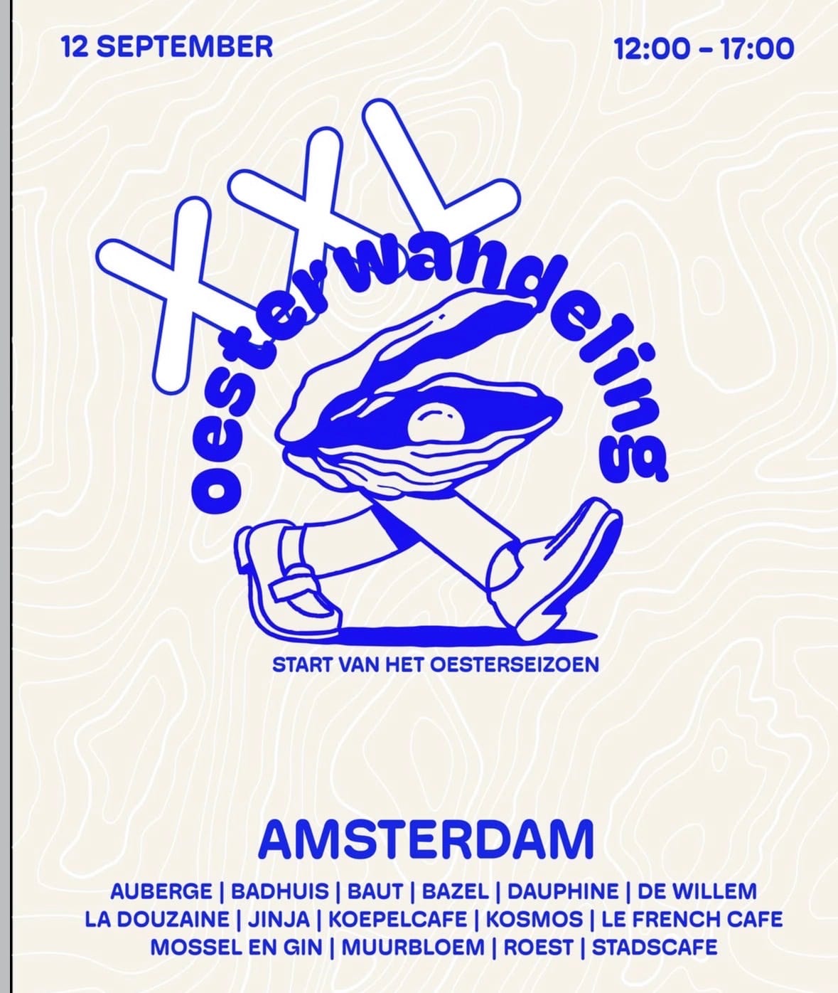 Poster van de Oesterwandeling XXL op 12 september, met de vijftien deelnemende zaken