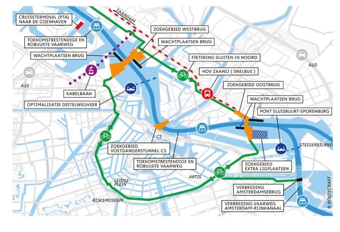 Overzichtskaart met het zoekgebied voor de Oostbrug en de overige onderdelen van het programma Sprong over het IJ