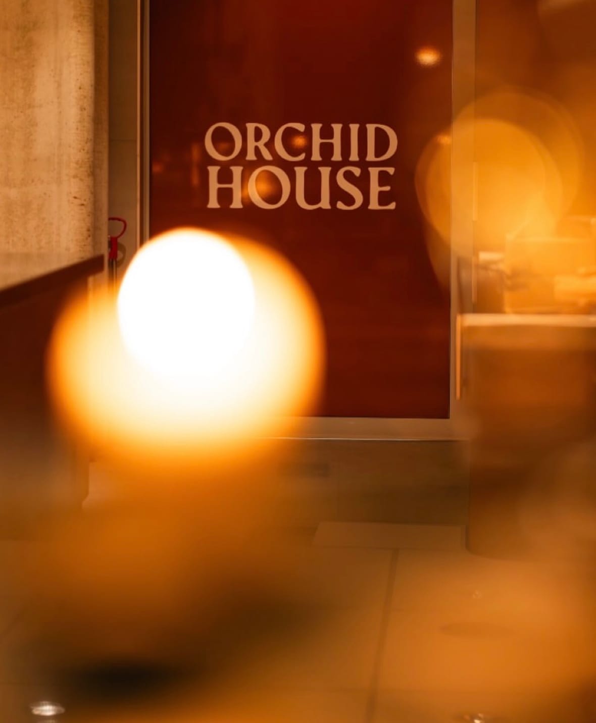 De entree van Orchid House, sfeervol verlicht