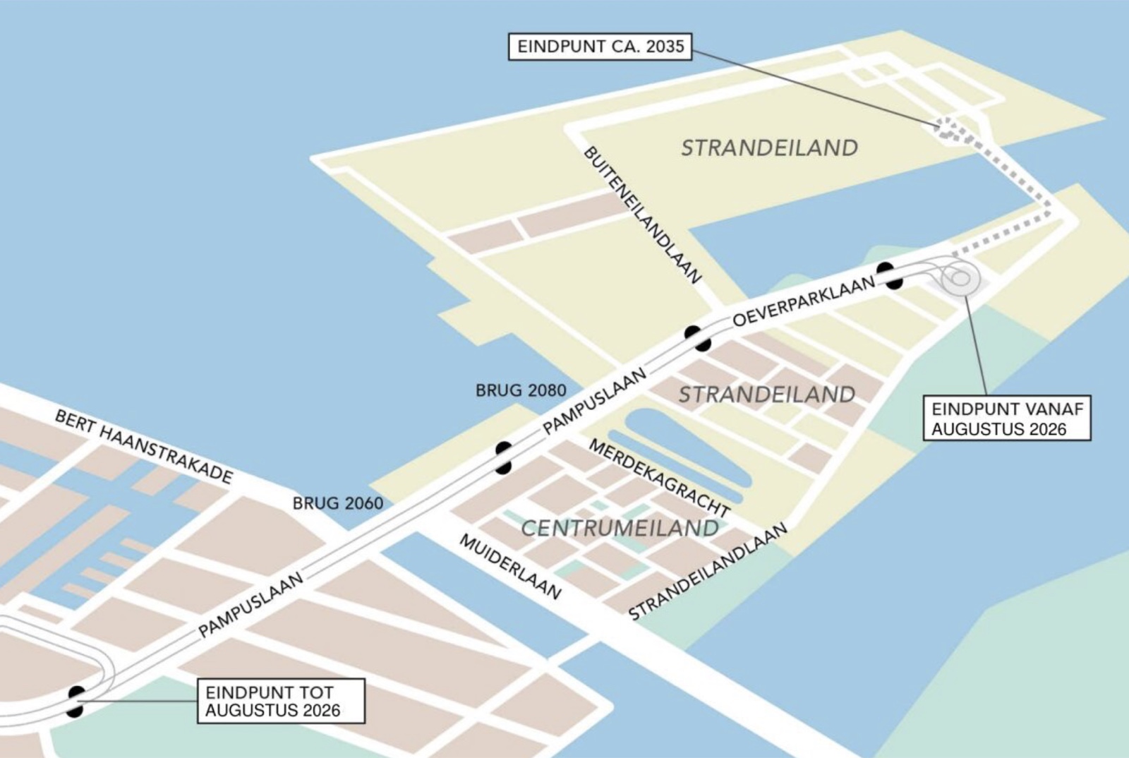 Kaart van de gemeente met het verlengde traject van tram 26 over Centrumeiland en Strandeiland: het eindpunt tot augustus 2026, het nieuwe eindpunt vanaf augustus 2026 en het geplande eindpunt rond 2035