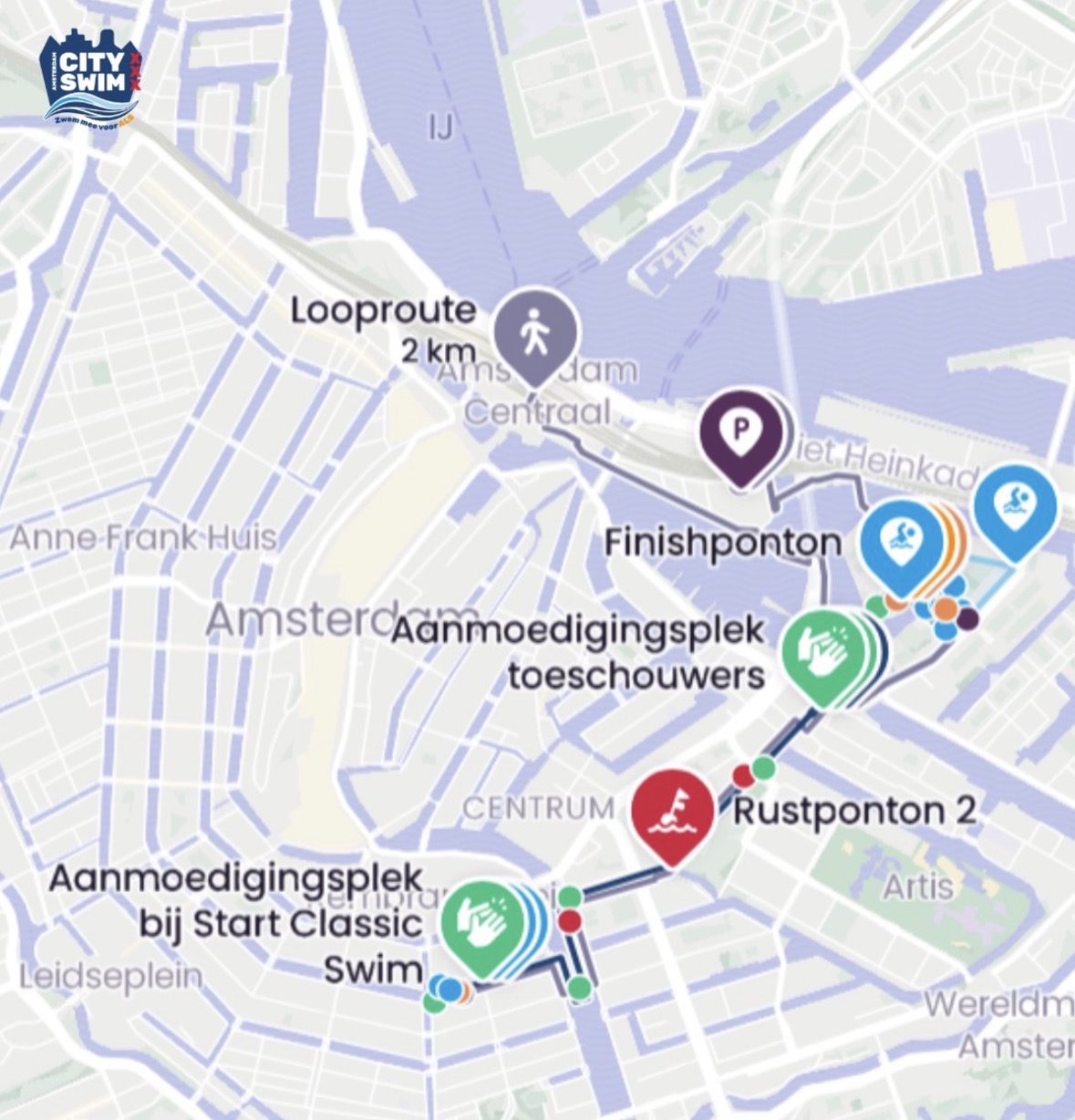 Routekaart van de Amsterdam City Swim, met start bij de Keizersgracht en finish op het Marineterrein