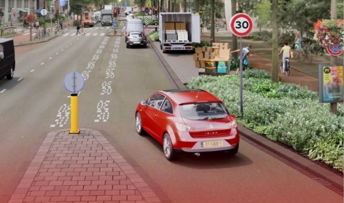 Impressie van de nieuwe inrichting van de Weesperstraat, met meer groen langs de rijbaan