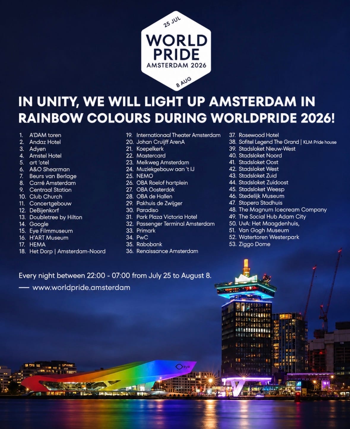De campagneposter van WorldPride Amsterdam 2026 met alle 53 deelnemende gebouwen